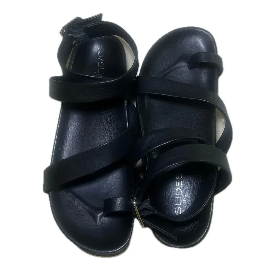 J Slides NYC Black Leather Sandals White Bottom Size 7.5